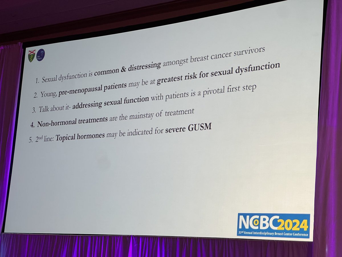 Amazing presentation on sexual dysfunction in breast cancer by ⁦@ellieprouss⁩ 🔹Sexual dysfunction is common and distressing 🔹91% of surveyed pt did not have provider to discuss 🔹Young pts maybe at greatest risk #NCoBC24