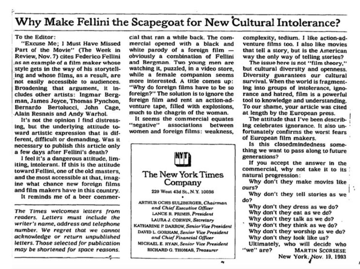 Reposting this Martin Scorsese letter to the New York Times from 1993 for no particular reason.