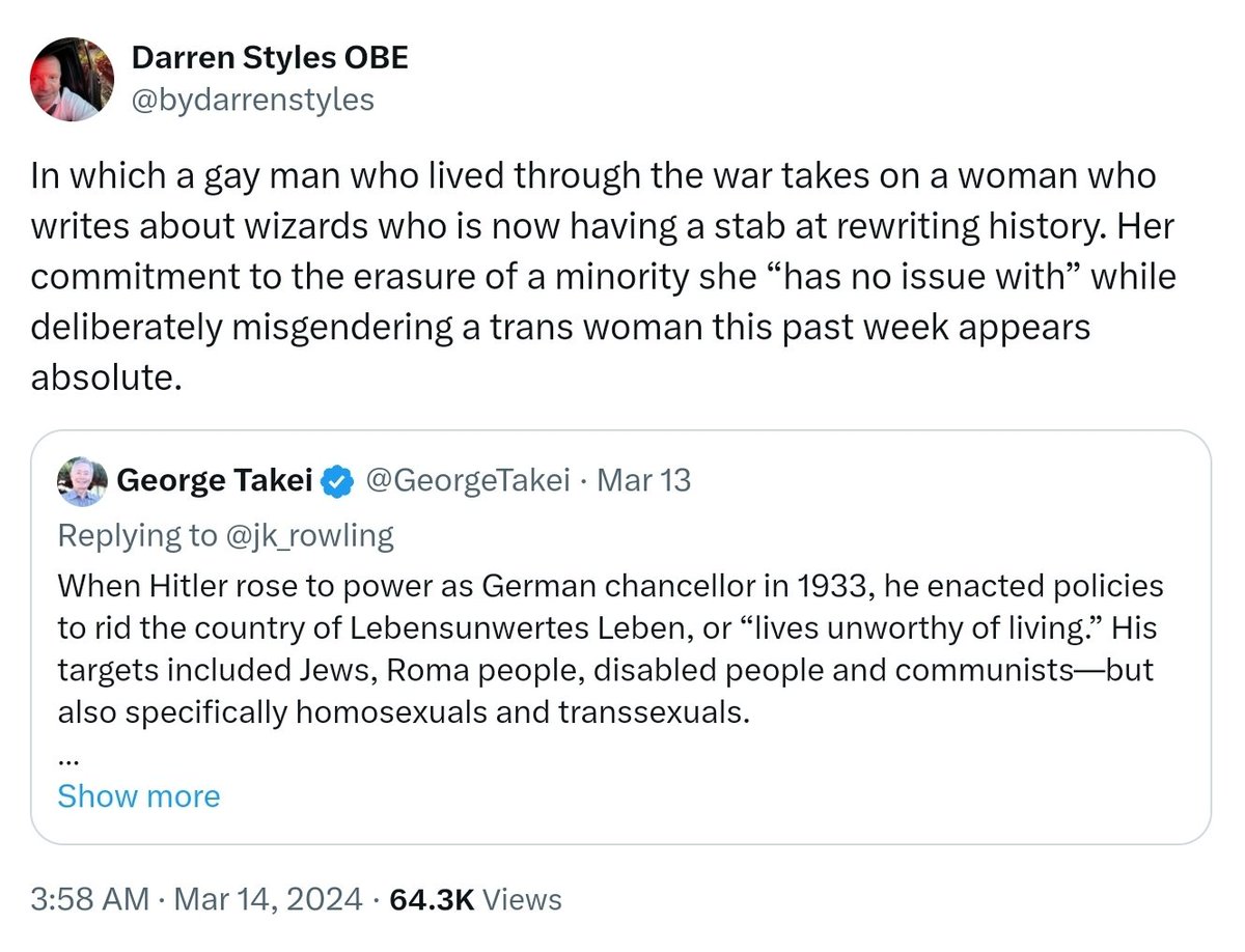 Today's miserable excuse for a LGBTQIA+ press, epitomized by misogynistic, trans panderers like @bydarrenstyles who believes that men are women and vice versa, and who wantonly forgets that while young US and UK gay liberationists were shaking off the shackles of discrimination…