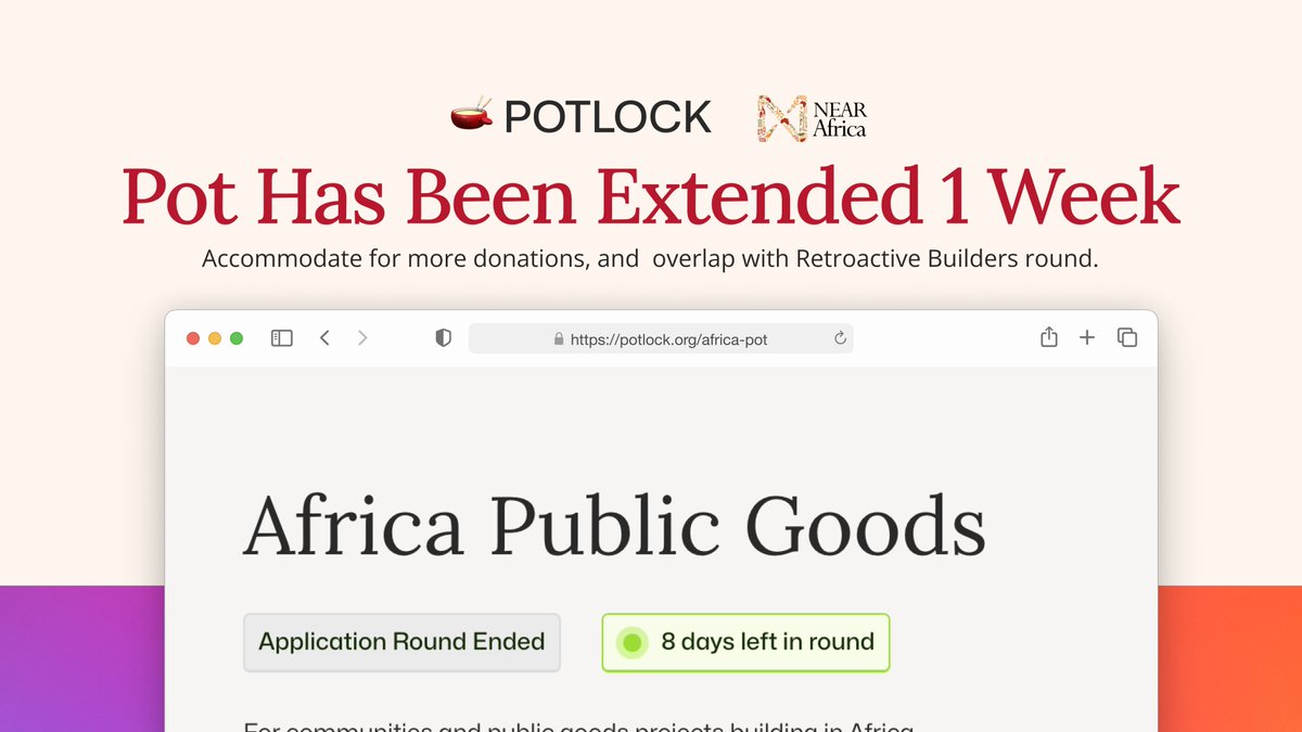 After feedback from Africa projects in the round, @nearafrica has extended matching donations period by 1 week for the Africa public goods quadratic funding round. This should help onboard more donors and also overlap with the Retroactive Builders round by @NearBuilders starting