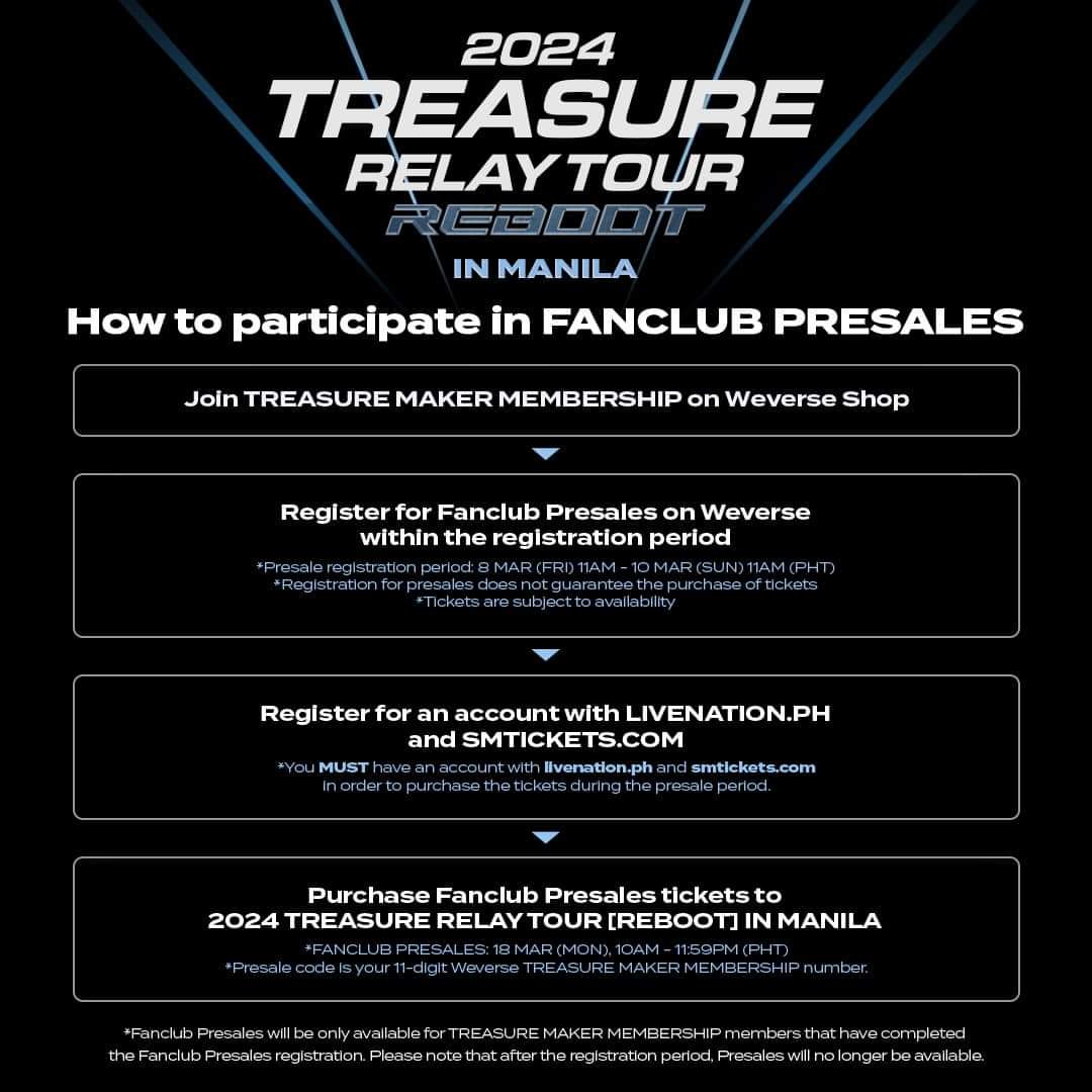 philconcerts's tweet photo. Get ready to be served with pure, real live vocals from start to finish without relying on backtracks on May 4, 2024. Fanclub presale tickets to TREASURE RELAY REBOOT in Manila happens today at 10 AM. 

Presented by @livenationph https://t.co/LkJWuO7aFJ