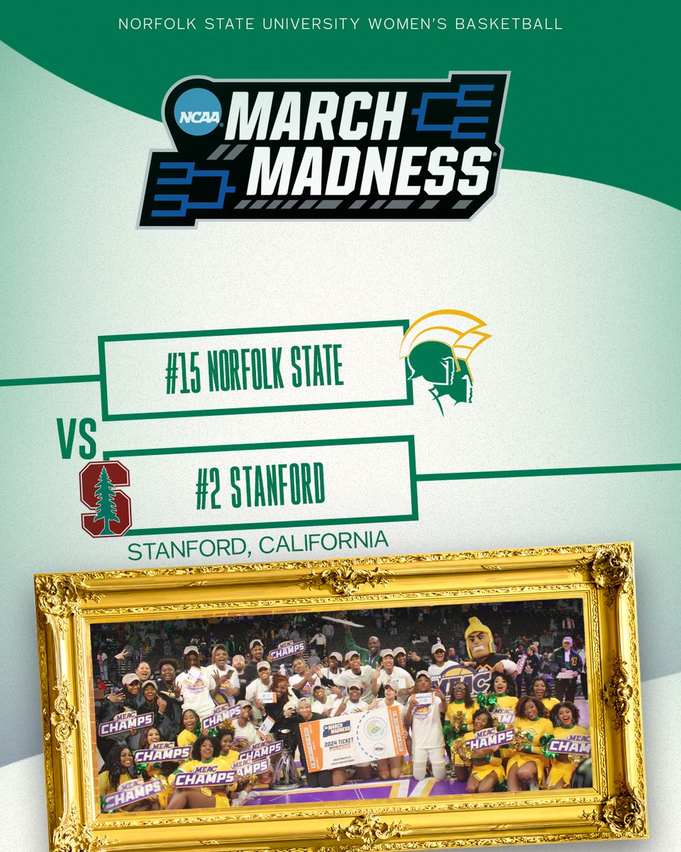NorfolkStateWBB's tweet photo. STAGE IS SET

The Spartans are headed to California as the No. 15 seed!

#GoldStandard🔰 https://t.co/oY2ULf3Bcf