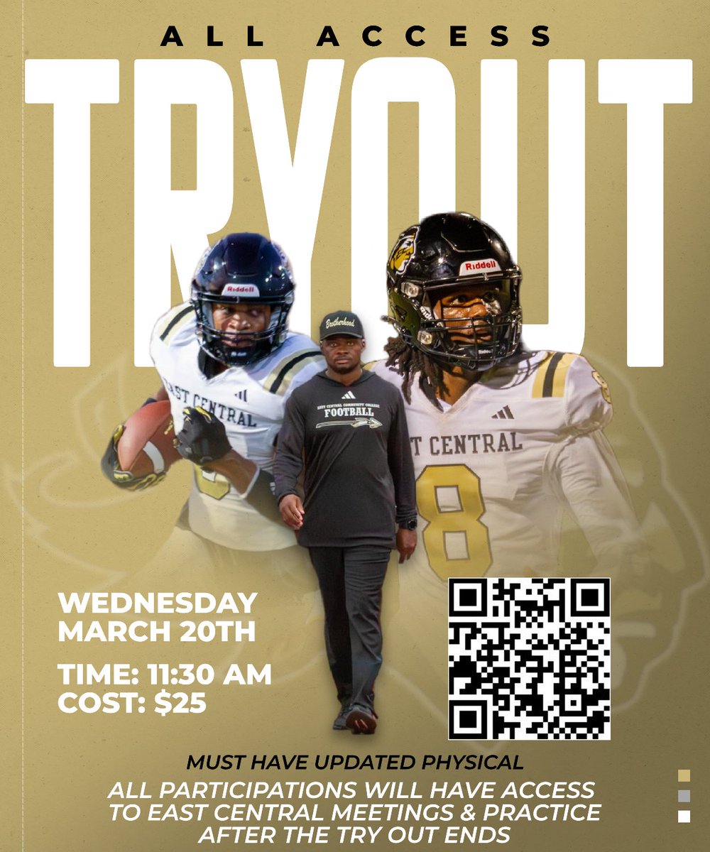 👀👀BREAKING NEWS‼️‼️ 🏈 EAST CENTRAL WILL HAVE AN ALL-ACCESS TRYOUT ➡️ALL PARTICIPANTS WILL HAVE TO OUR MEETINGS AND SPRING PRACTICE AFTER THE TRYOUT 🏈COME SEE WHAT WARRIOR FOOTBALL IS ALL ABOUT 💻forms.gle/uKEtcjPt5Txy5A…