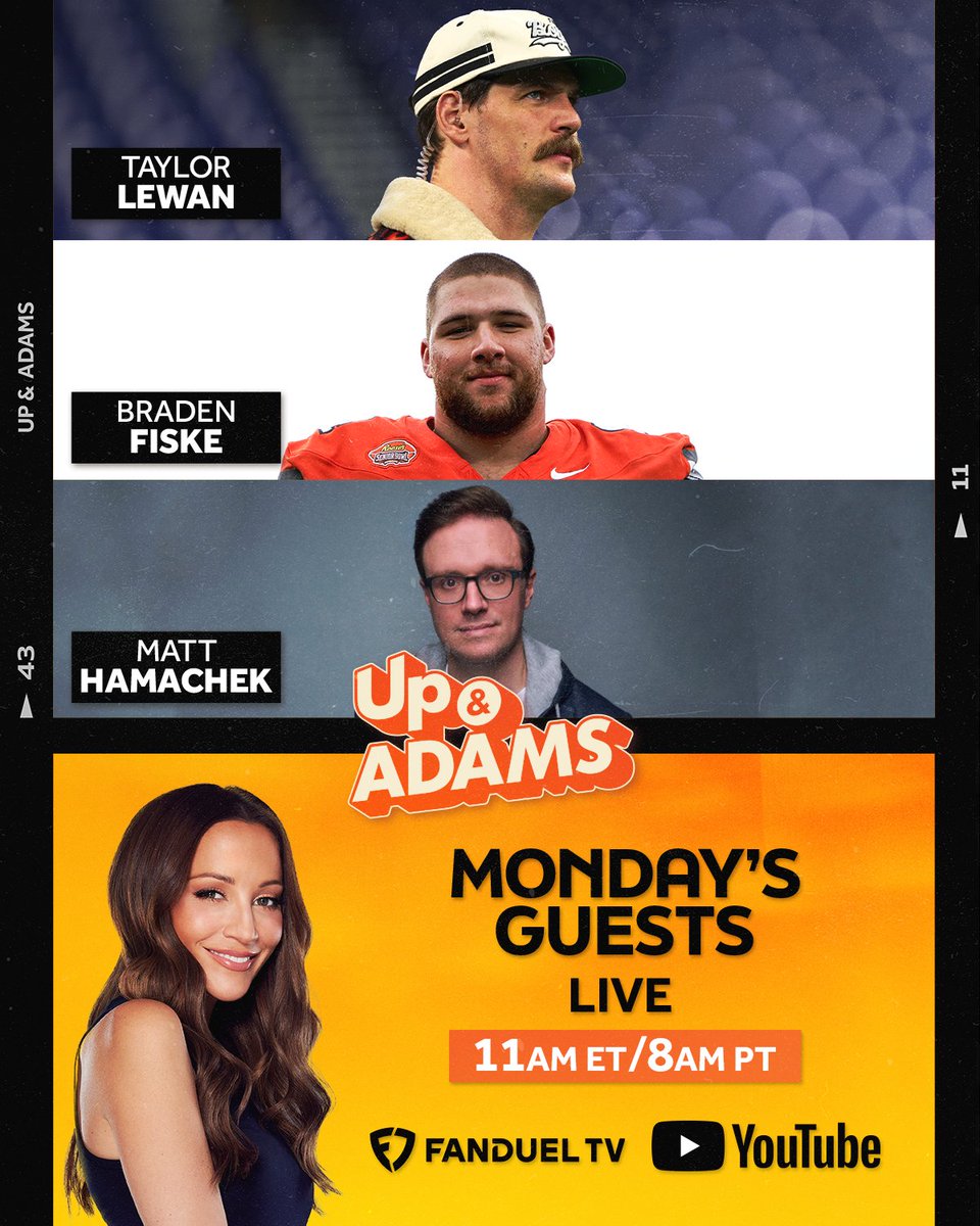 🗣️ MONDAY GUESTS DROP ⤵️ 🔸 3x Pro-Bowler Taylor Lewan 🔸 @FSUFootball DL & draft prospect @bradenfiske55 🔸 #TheDynasty director Matt Hamachek See y'all at 11am ET 🌞 youtube.com/@UpAndAdamsSho…