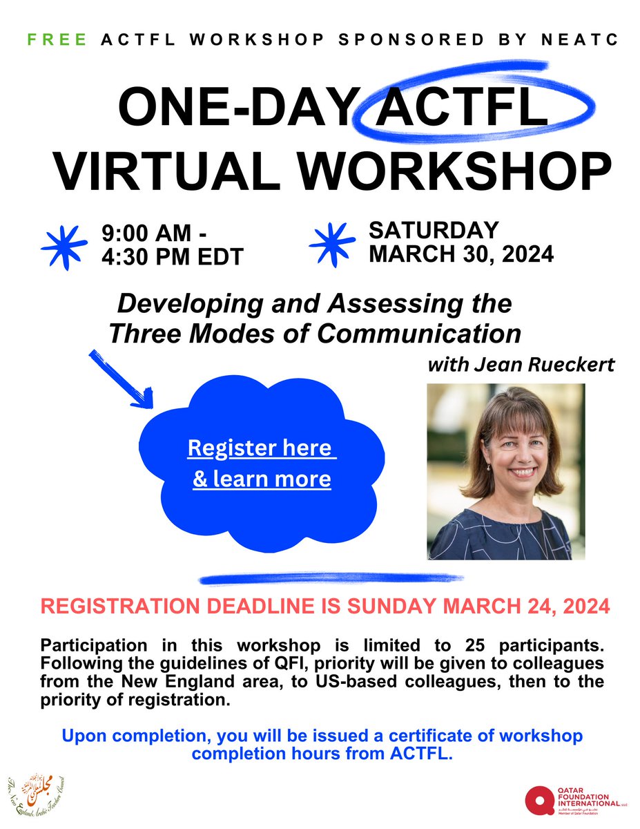 FREE ACTFL one-day virtual WORKSHOP sponsored by NEATC on Saturday 3/30/24. FIRST 25 REGISTRANTS ONLY!!! REGISTER HERE BY 3/24: bit.ly/43qhScD