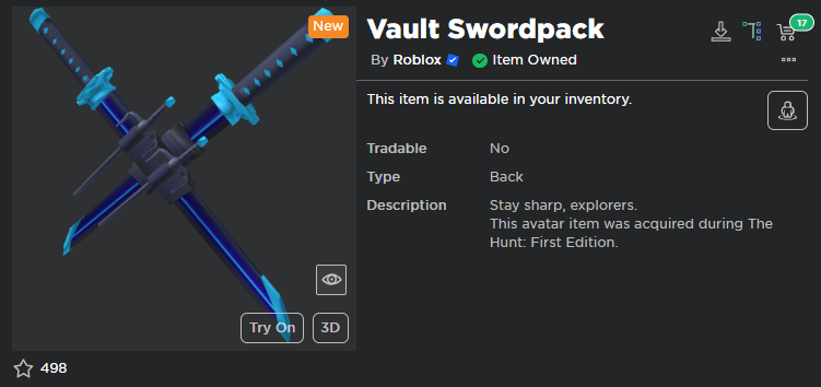 RobloxRTN's tweet photo. #Roblox #TheHunt #RobloxHunt 

QUESTION: How many owners do you think the "Vault Swordpack" ended up having? Do you think it was over 200 copies? https://t.co/As3GMX4tRk
