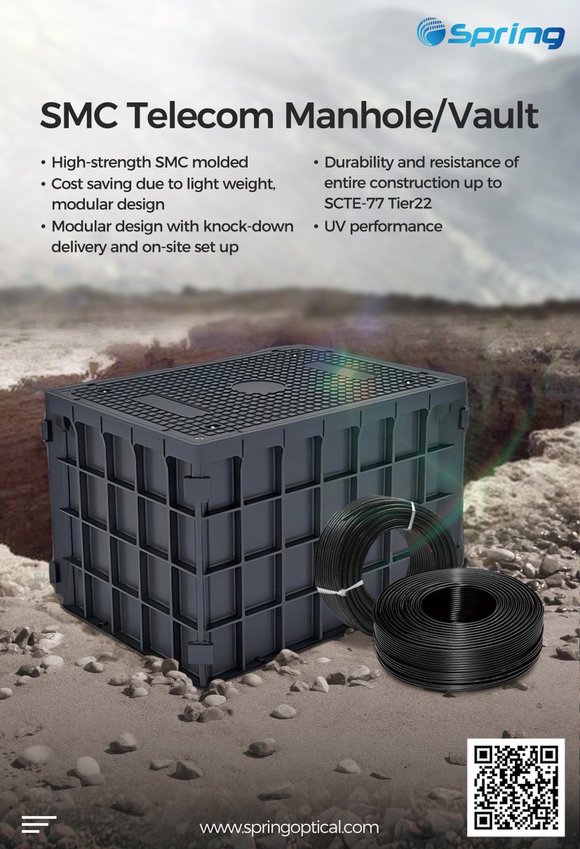 Cathyguo_Spring's tweet image. SMC Telecom Manhole/Vault

High strength SMC molded
Cost saving due to light weight modular design
Durability and resistance of entire construction up to SCTE-77 Tier 22
UV Performance

#manhole #vault #telecommunications #telecommanhole #SMCmanhole #chamberpit #telecomchamber