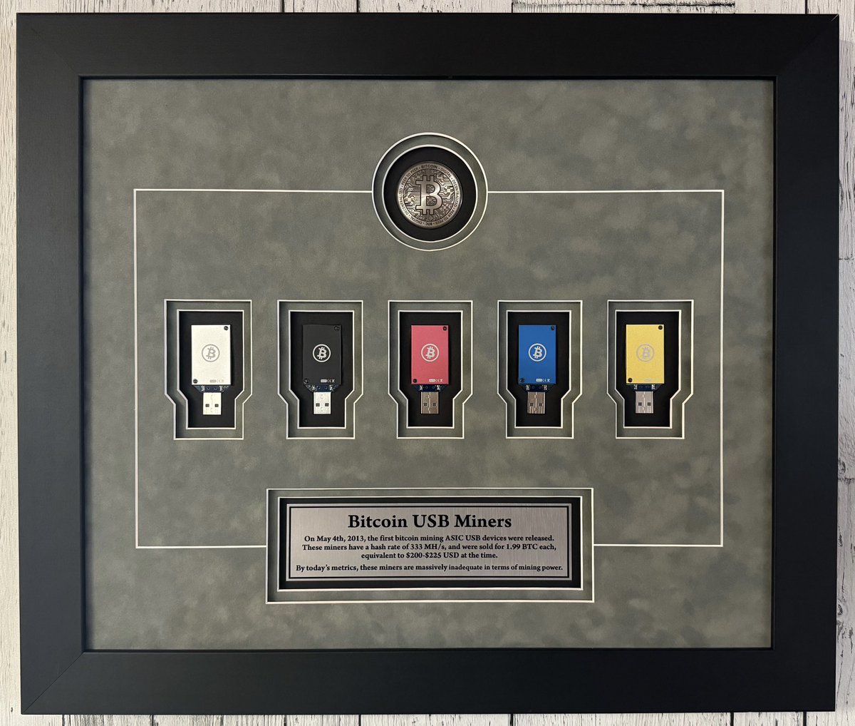 Josh_Rayner's tweet image. Had my Bitcoin USB miners framed and love the finished product. Tungsten coin at top by @MTS_Store