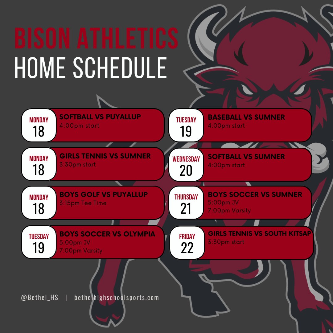 It's going to be another FULL week of athletics at Bethel High School. Go Bison! #bhs #bison #bethel #gobison #jointheherd