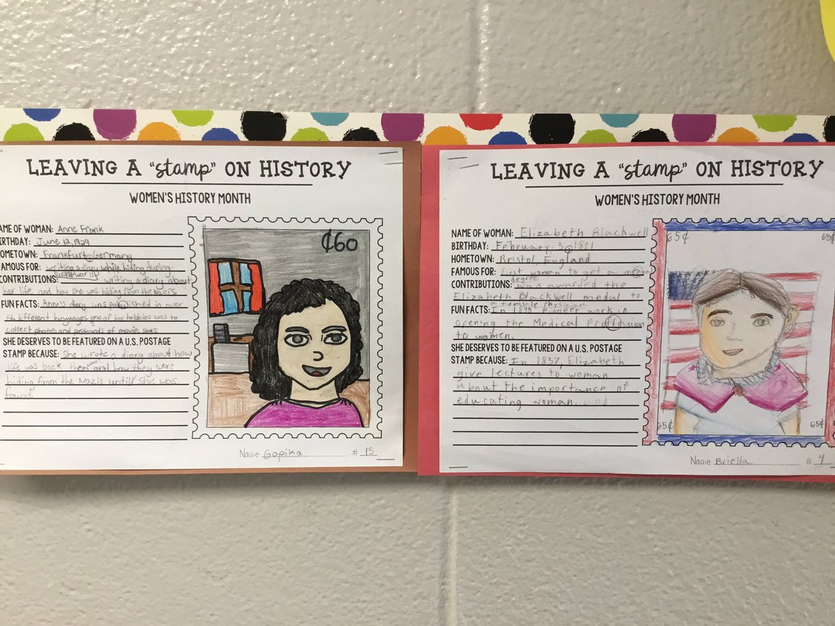 4th grade students researched influential women that left a “stamp on history”. #Mawbey1DEI #WTSD_DEI #WomensHistoryMonth @jamisonpanko