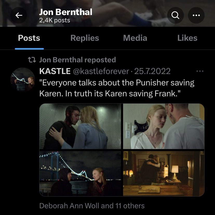 datreylo's tweet photo. deborah ann woll and jon bernthal both sharing kastle posts, OH WE’RE GONNA GET THAT REUNION SOON 😭 https://t.co/dar6mSAdhr