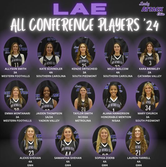 Program Excellence Personified⚪️🟣⚫️ @LADYATTACKELITE Congratulations ladies on the honor of being selected as 2024 All-Conference Players📈 Some of NC’s ELITE Hoopers⚡️ @LAE2027 @LAE2026 @LAE2025 @JoshParcell @CoachJ0_ @FOPBasketball @CoachMalcolm1 #BeDifferent #BeElite