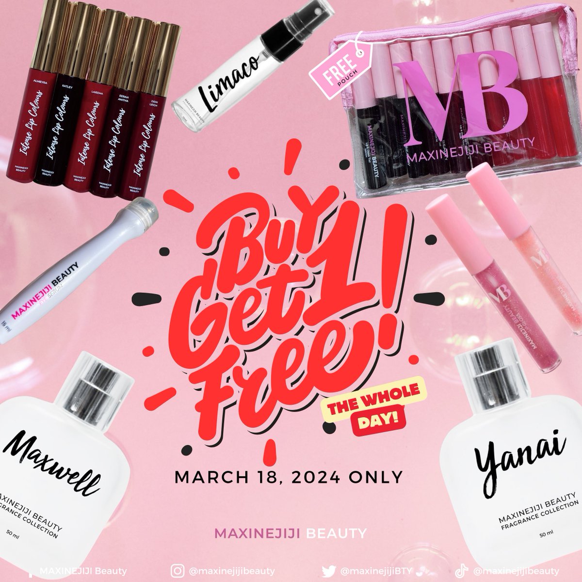 It's @maxinejiji 's  birthday! So it's Buy 1 and Get 1 for FREE today! Message us directly on Facebook to order! 🌸

#BeautyWithoutLimits
#MAXINEJIJIBeauty