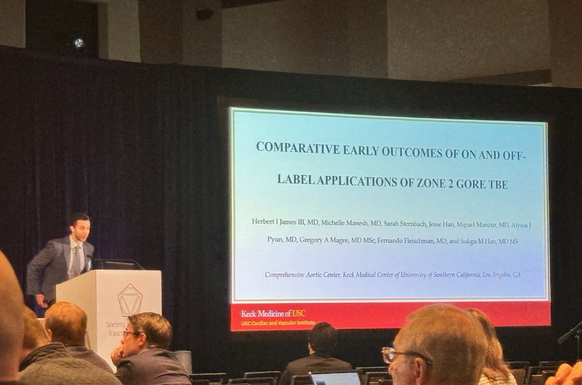 Dr. Herbert 'Trey' James III, Integrated resident currently doing his research year, presents 'Comparative Early Outcomes of.On- and Off-Label Applications of Zone 2 Gore TBE' at #SCVS 2024.