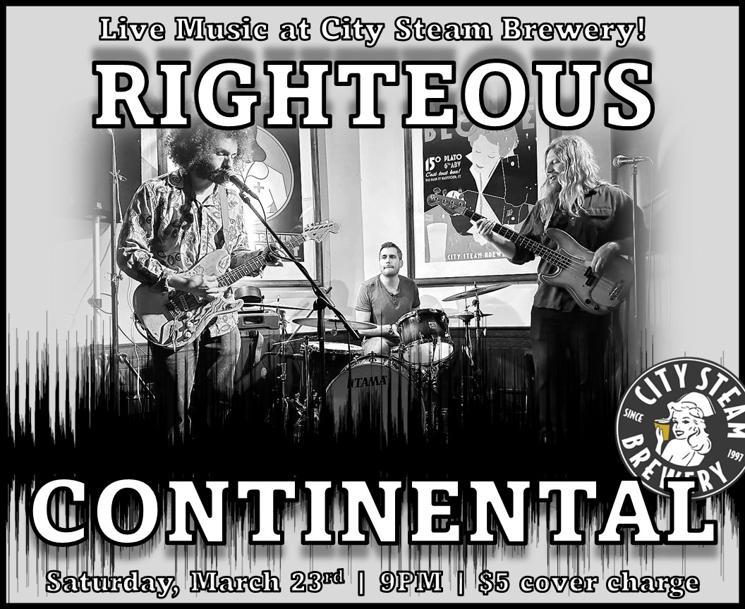 CitySteam's tweet photo. Righteous Continental is performing this Sat night (3-23) at 9PM! ♫
The cover charge is $5.

**There's no entry fee if you're in the building before 9PM, if you're a Mug Club member, or if you have comedy club tickets on the night of the performance!** 

https://t.co/DT4ZKbVQDz https://t.co/XywHMV9nyZ
