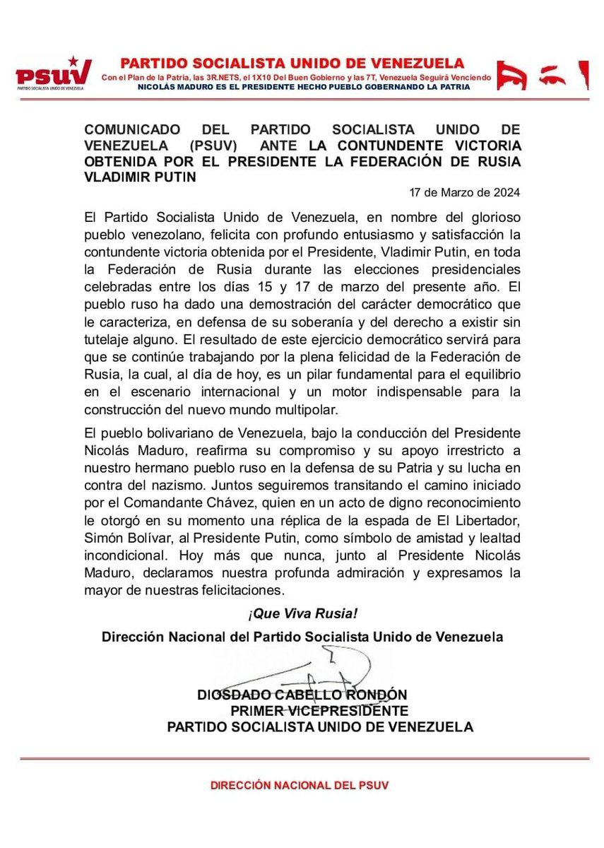 El @PartidoPSUV felicita la contundente victoria obtenida por el Presidente Vladimir Putin en las elecciones presidenciales de Rusia, esta victoria contribuye para el equilibrio en el escenario internacional y es motor indispensable para la construcción de un mundo multipolar.