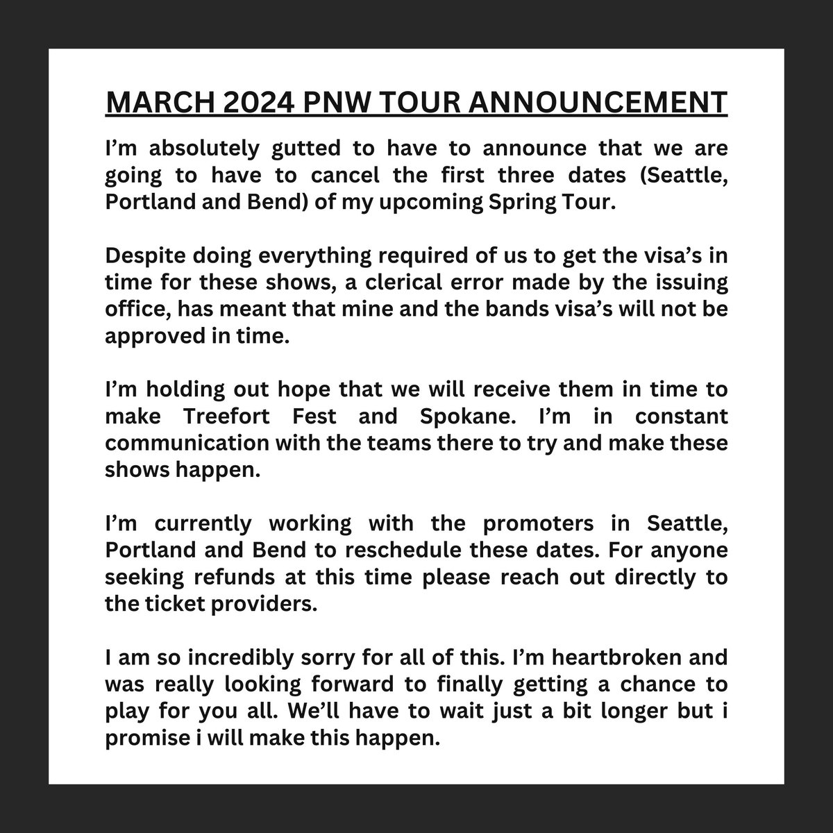 Contact ticket providers for a refund for Seattle, Portland and Bend but don’t lose hope! These are getting rescheduled! 💪🏾 So much love to everyone who bought tickets and a massive thank you to all the wonderful bands I was so excited to play with. 🖤