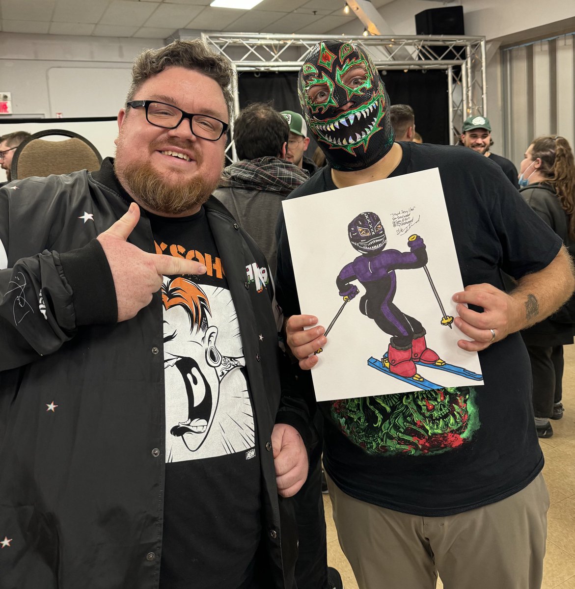 TQSherwood's tweet image. Mystery Wrestling was incredible tonight. Unreal time!! Got to gift @EvilUno the original drawing I made as well. 👁️#eviluno