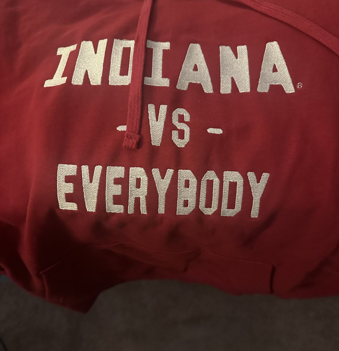Hoosiers are done, Justin is gone, rough weekend. But a little sunshine today: my hoodie by @millerkopp arrived! INDIANA VS EVERYBODY. Love it!!