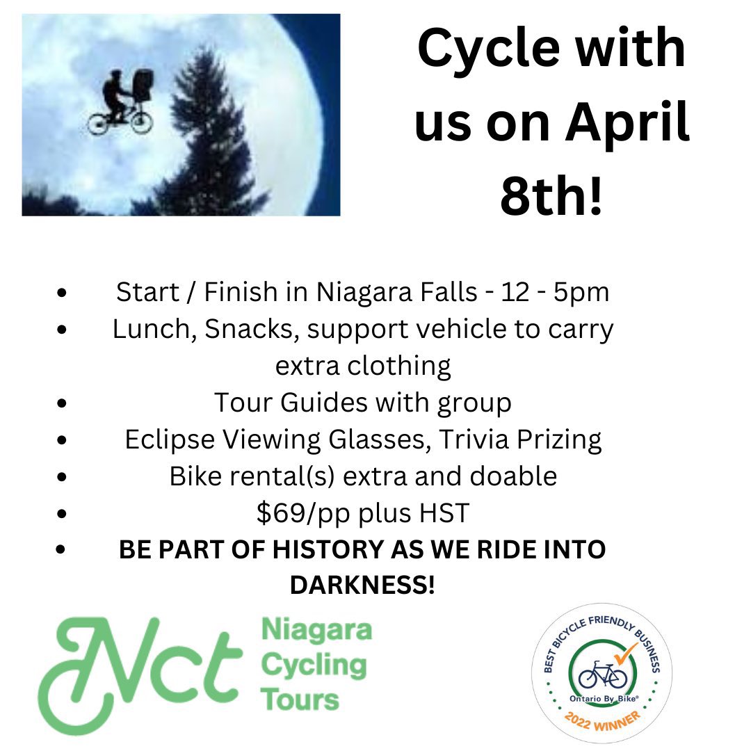 Sunday Funday @CyclingNiagara Join the Eclipse RideApril 8th @NiagarathisWeek @NiagaraFalls @NiagaraFallsUSA @Niagara_411 @ECAlertON12 @TownOfFortErie #Eclipse2024 #bicycletours
