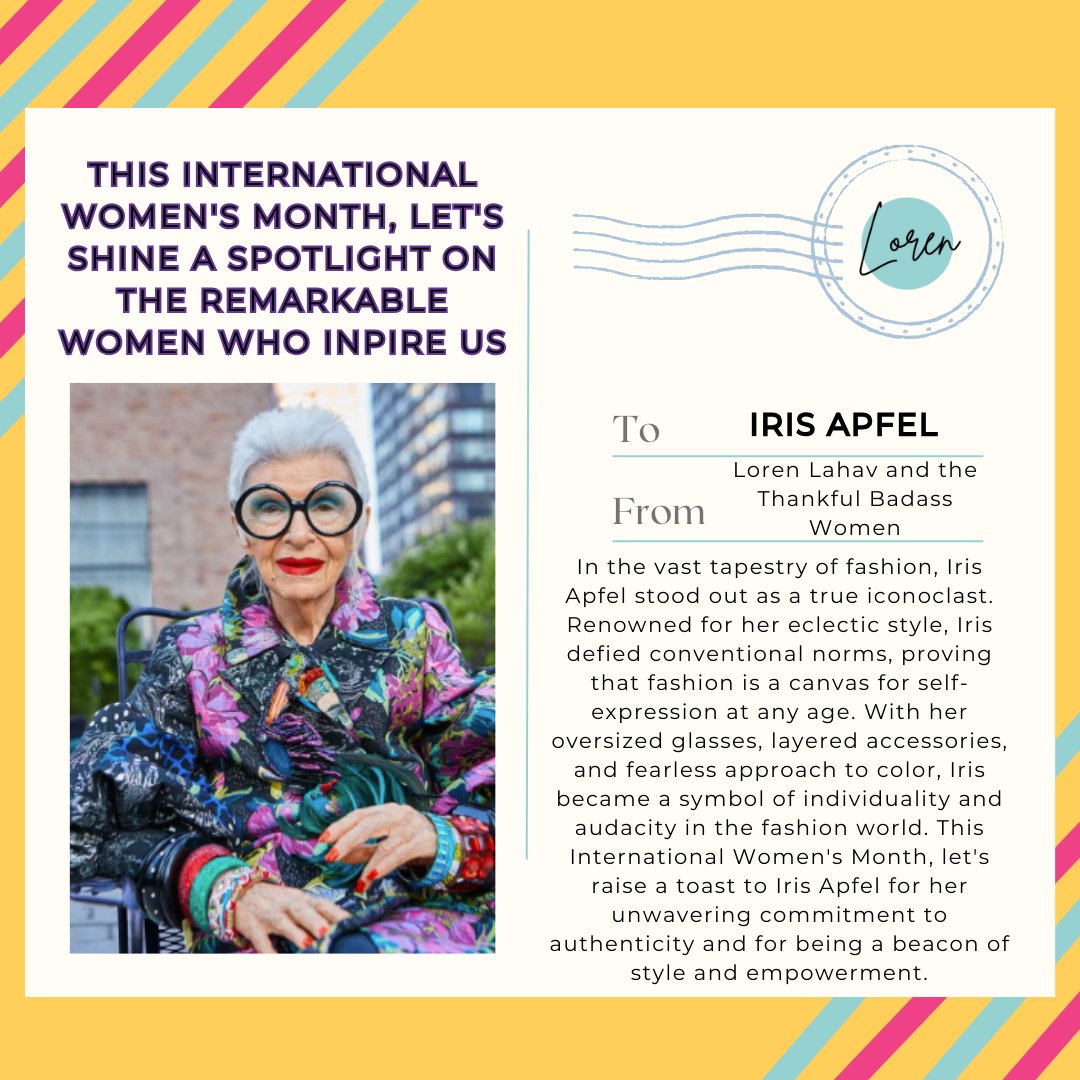 In the world of fashion, Iris Apfel is more than an icon—she's a trailblazer. With her bold, eclectic choices, Iris challenged norms and proved that true style knows no age. Let's tip our hats to Iris for redefining the essence of timeless beauty and individuality. 👒💖