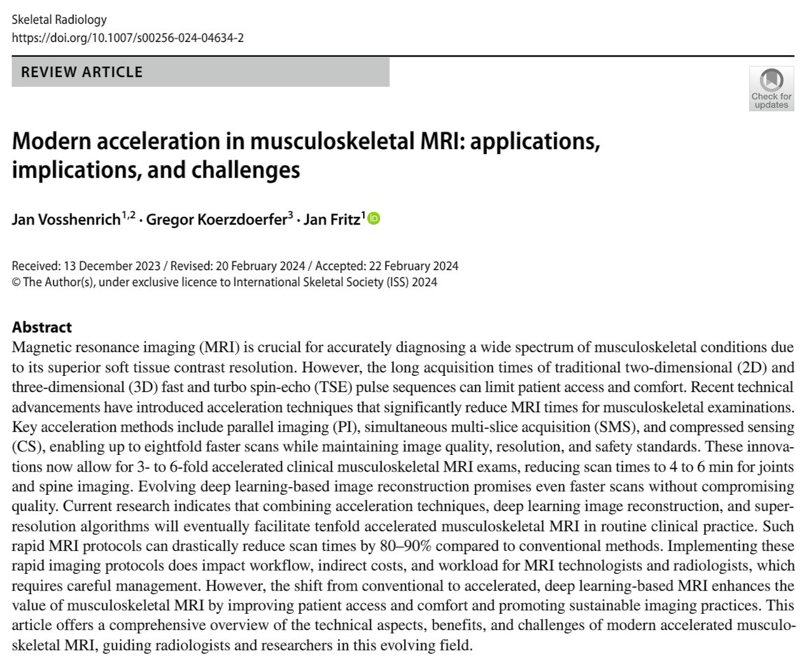 🩻🦴👏FREE PDF SKELETAL RADIOLOGY GOLDEN ANNIVERSARY ARTICLE 🩻🦴🔥👉rdcu.be/dArxN👈Modern acceleration inmusculoskeletal MRI 🦴 Featuring many protocol tables for clinical use!🦴@ISSbone @SSRbone @ESSRmsk @intskeletal @NYUImaging @nyu_mskrad @Voss_MD