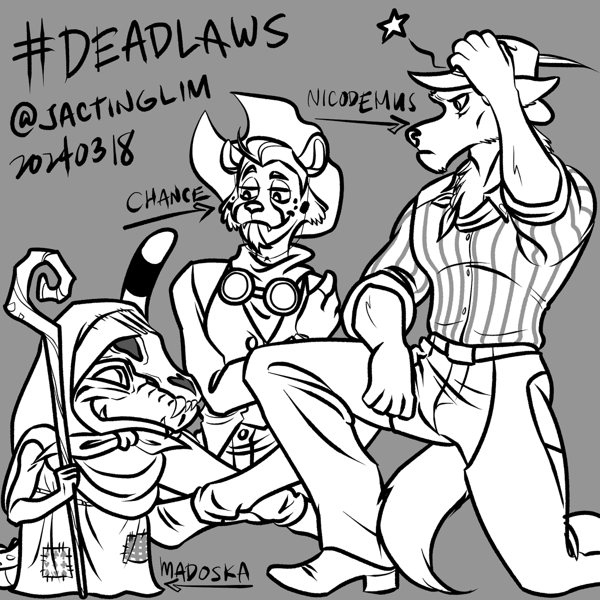 jactinglim's tweet photo. Binged #deadlaws playlist on @Gnollplaying YT channel. Here's a fanart of a funny scene where Madoska bonked Nicodemus out of a time freeze to join Chance lol! I plan to binge S1 next then hopefully catch S3 when it starts π» #ttrpg #furry #furryart #furryartwork https://t.co/ajkjxcixo6