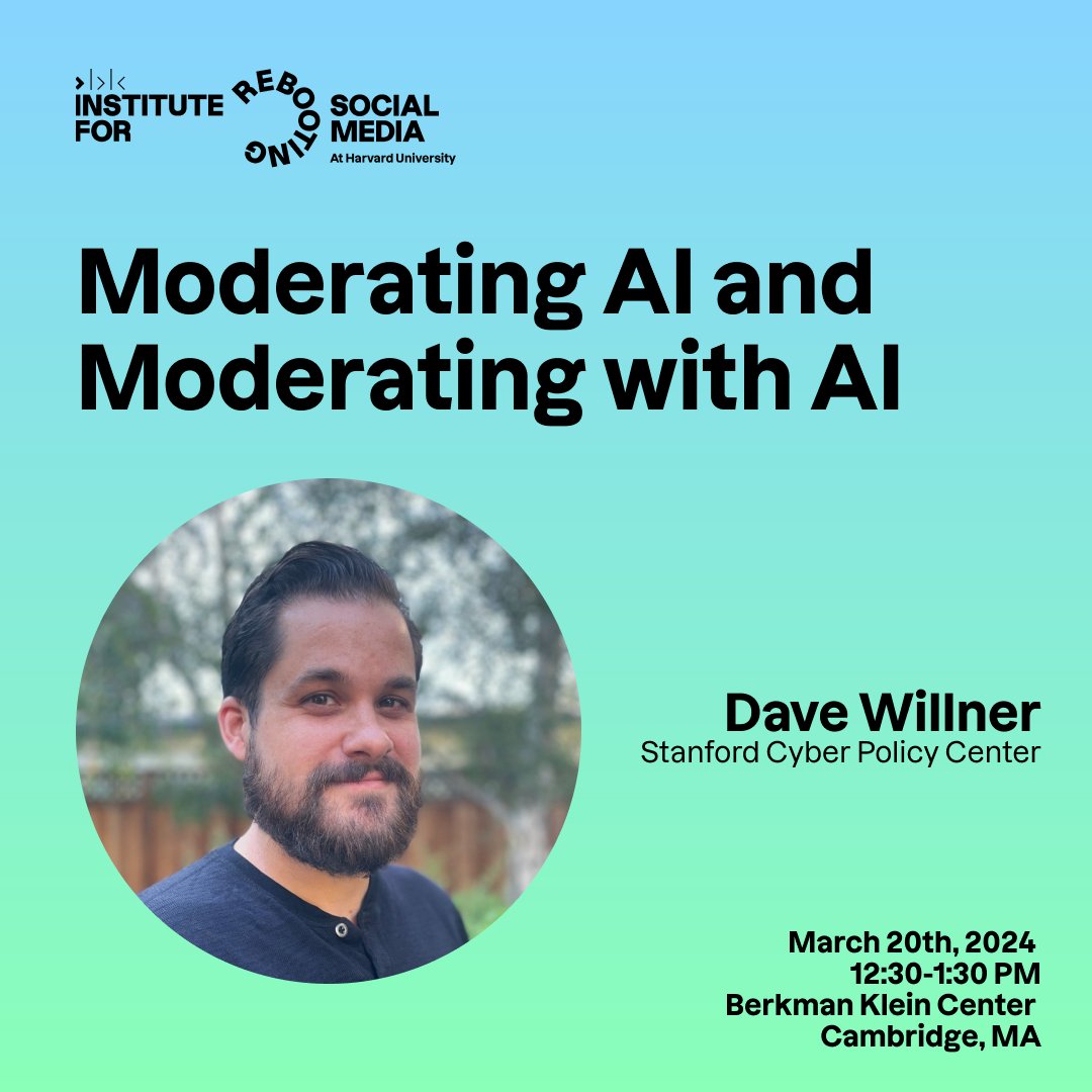 Join us WEDNESDAY @BKCHarvard for a discussion on the promises and perils of foundation models in content moderation, featuring Dave Willner @StanfordCyber. RSVP for this hybrid event: rebootingsocialmedia.org/events/moderat…