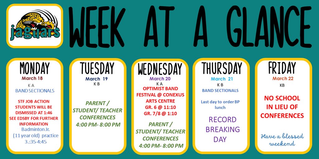 Week at a Glance - March 18th - 22nd.  See you all at Parent/Student/Teacher Conferences!
