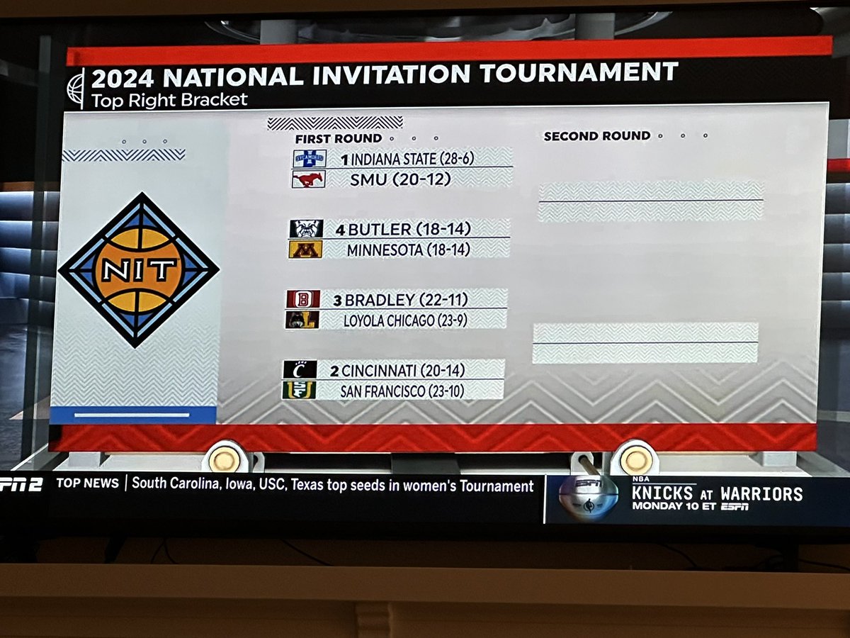 Indiana St is the #1 Seed in the top right bracket of the 32 team NIT and will host SMU in the opening round.

If Indiana State wins, they will face either #4 Butler or Minnesota.