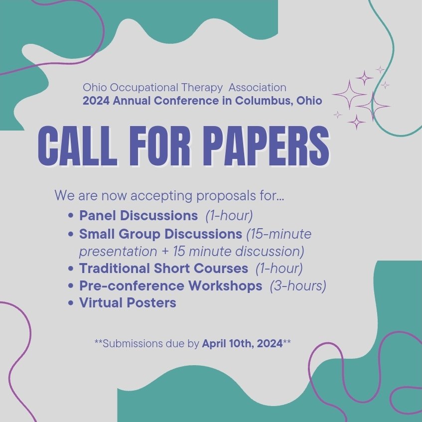 Calling all Occupational Therapy Practioners! The Call for Papers is now OPEN for the 2024 Annual OOTA Conference in Columbus, Ohio. 

Submit your information to this google form forms.gle/oEU7jtMWMtpz9s… and please contact Karla Reese with any questions. Thank you!