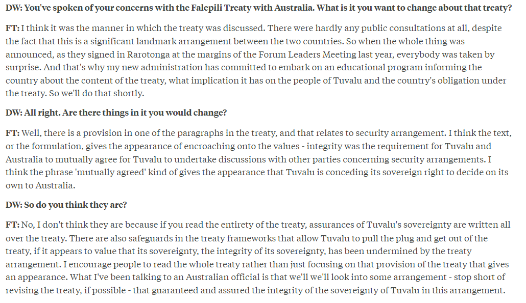 Bit more clarity. Teo has held talks with an 'Australian official' (presumably OTP head Liz Peak who was in Tuvalu last week) and says he wants to reach an 'arrangement' with Australia to guarantee sovereignty under the Falepili Union *without* revising its text 'if possible'