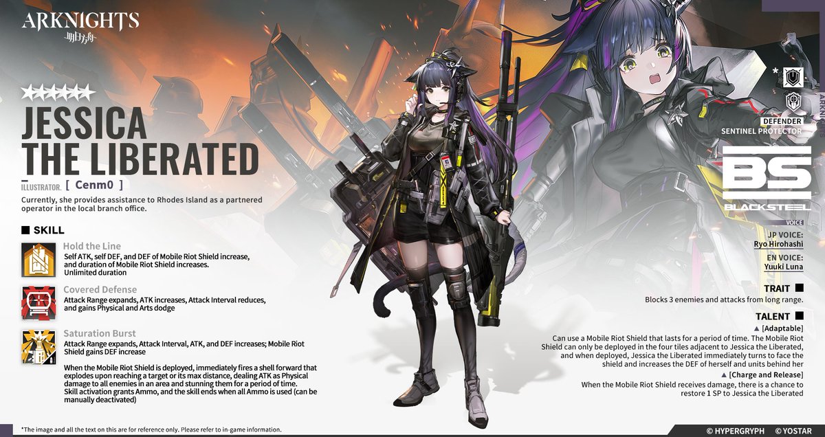 Jessica Brynley, após deixar o QG da Blacksteel por motivos pessoais, optou por ir para a fronteira para se tornar xerife.

#Arknights #Yostar #ArknightsBrasil