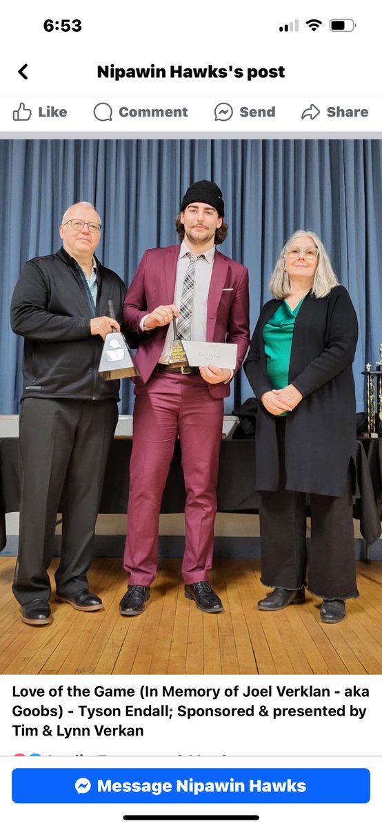 Season came to an end with awards night. What a great first season with the Hawks!    Can’t give enough Thanks to the <a href="/SJHL_Hawks/">Nipawin Hawks</a> staff, billet family and the community of Nipawan! The player/community connection was amazing with all the events/school visits! 
<a href="/TyEndall31/">Tyson Endall</a>