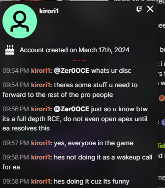 ashinrip's tweet image. This is a copy paste to all my CC friends. DO NOT OPEN APEX. The recent hacking and malware attacks on ALGS NA Finals are widespread across the game, the perpetrator, Destroyer2009, is apparently behind the attacks, and it is done via a full depth RCE. The attached screenshot is…