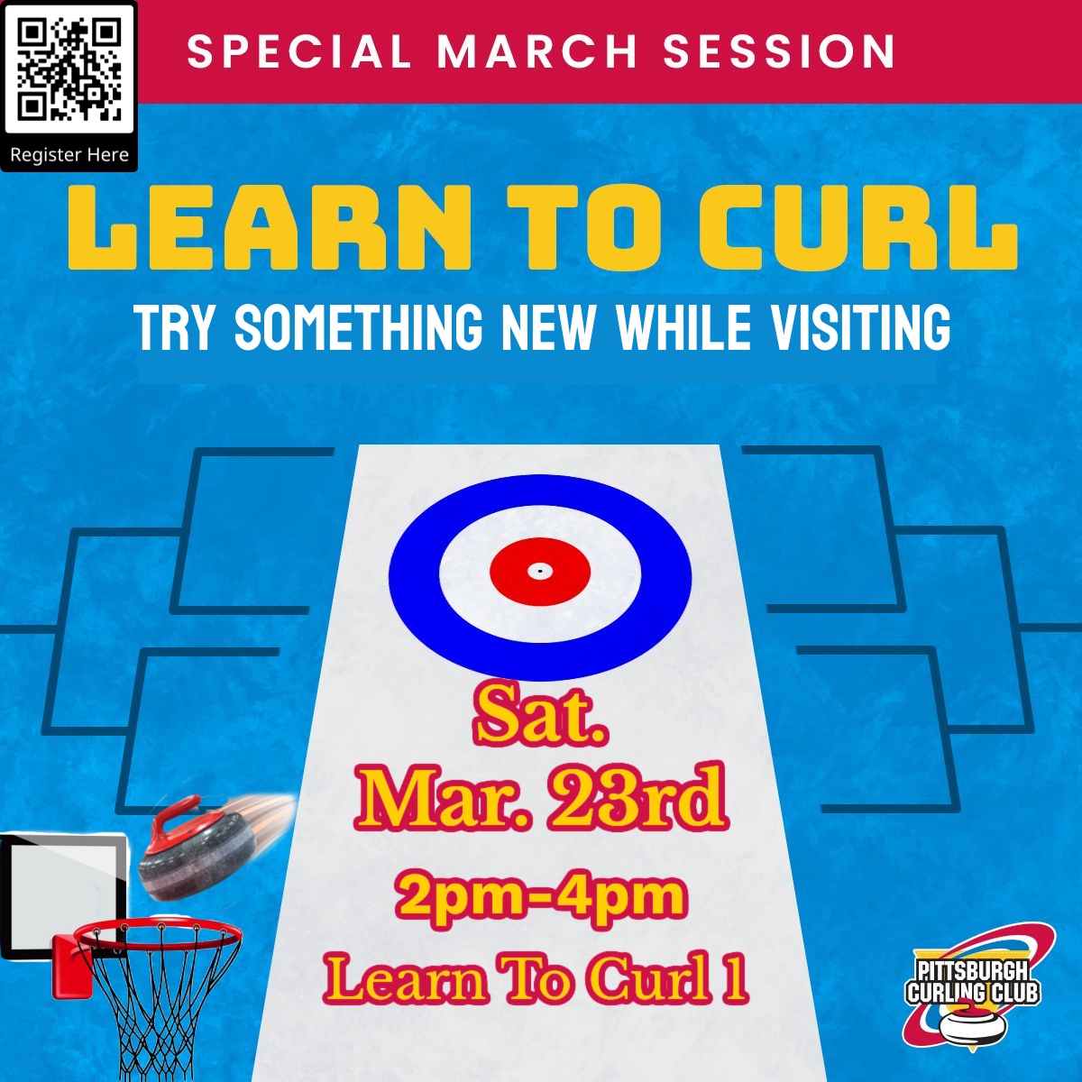 Hey basketball fans!  We're hosting a Learn To Curl on Sat, March 23rd!
#MarchMadness #ncstatebasketball #texastechbasketball #kentuckywildcats #kentuckybasketball #OaklandMBB #southcarolinagamecocks #oregonducksbasketball #creightonbasketball #akronzips