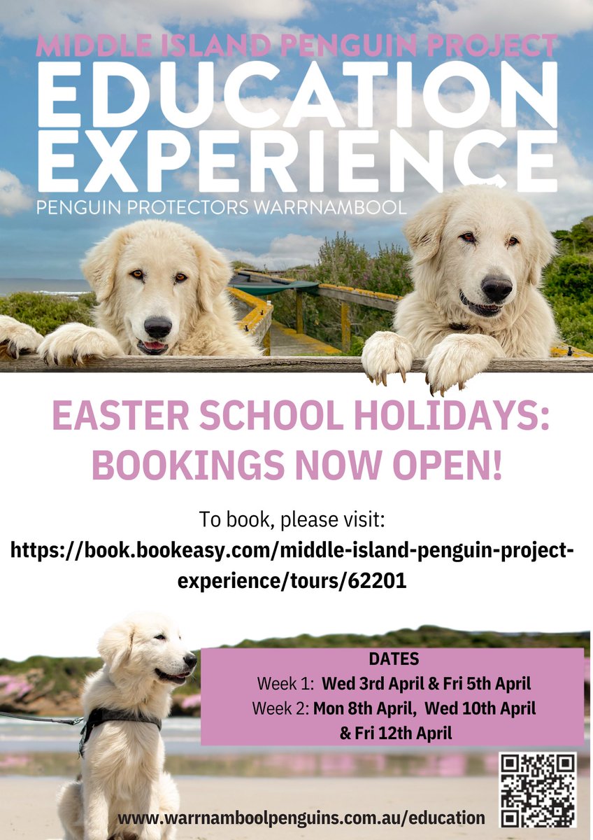 Bookings are now open for our Easter school holiday 'Penguin Protectors Warrnambool' sessions 🐶🐧
Visit book.bookeasy.com/middle-island-… to secure your spot! 🐶🐧