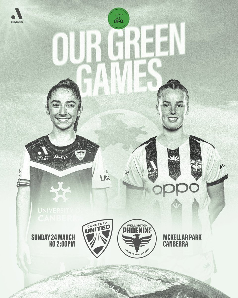 Professional Footballers Australia (@thepfa) on Twitter photo This Sunday, the <a href="/CanberraUnited/">Canberra United</a> will host the first ever #ALeagues Green Game! 🌏
♻️ The match will focus on reducing carbon pollution, offsetting unavoidable emissions (from <a href="/WgtnPhoenixFC/">Wellington Phoenix 🔥</a>'s travel, for example), explore new sustainable practices at clubs, and will raise This Sunday, the <a href="/CanberraUnited/">Canberra United</a> will host the first ever #ALeagues Green Game! 🌏
♻️ The match will focus on reducing carbon pollution, offsetting unavoidable emissions (from <a href="/WgtnPhoenixFC/">Wellington Phoenix 🔥</a>'s travel, for example), explore new sustainable practices at clubs, and will raise