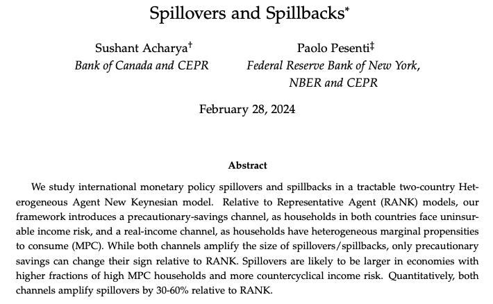 MacroPru's tweet image. &quot;how market incompleteness and household heterogeneity can change the profile of global monetary policy #spillovers and spillbacks&quot; @nberpubs nber.org/papers/w32245 (ungated at sushantacharya.github.io/pdfs/Pesenti_P…)