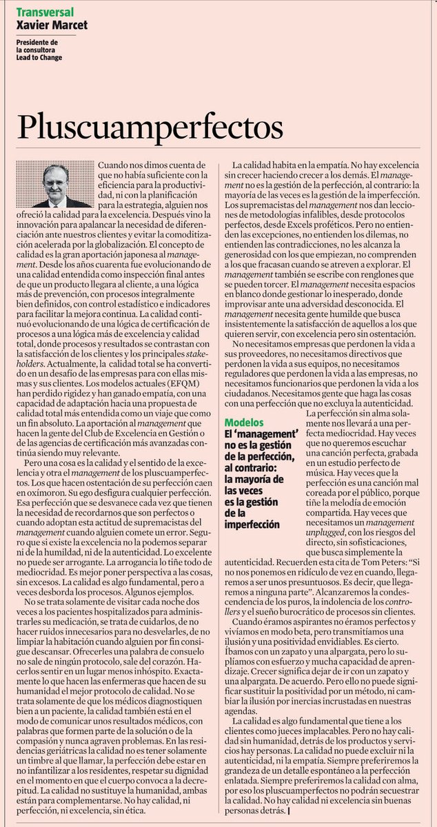 El #management no es la gestión de la perfección, al contrario: la mayoría de las veces es la gestión de la imperfección.

Si no impregnamos la calidad de humanidad nos quedan procesos sin alma.

by <a href="/xaviermarcet/">Xavier Marcet</a> 
#innovación #gestión #empresas #estrategia #liderazgo #leadership