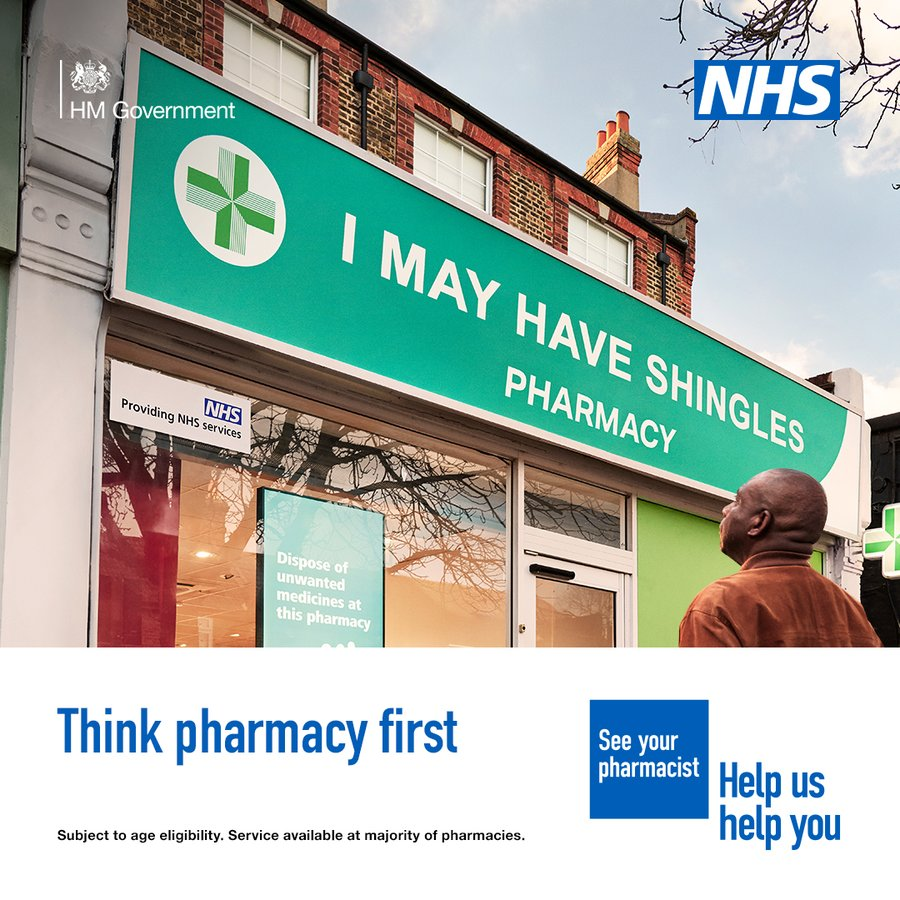 Shingles? Your pharmacist can now provide treatment and some prescription medicine without seeing a GP.   

Think pharmacy first.  

Find out more: nhs.uk/thinkpharmacyf…