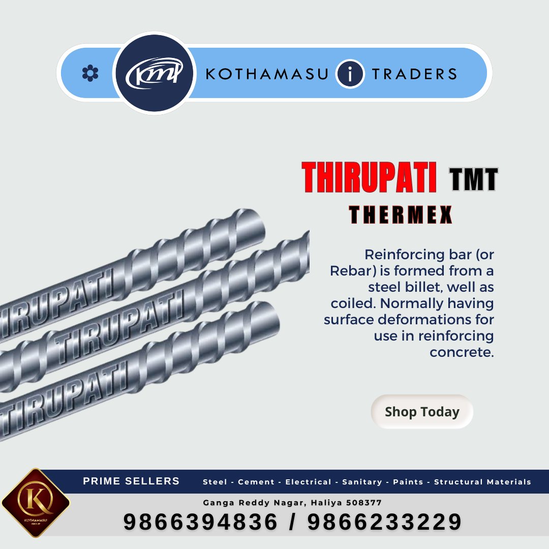 Kothamasuitrade's tweet photo. #thirupati #tmt #steel #bars #homeconstruction #concreteroof #beams #colomns #available with @Kothamasuitrade #Prime #sellers in #steel #cement #electrical #sanitary #paints #structuralmaterial one stop #shopping for all #construction #materials #likes #insta #india  #trending https://t.co/N571Xp7tbT