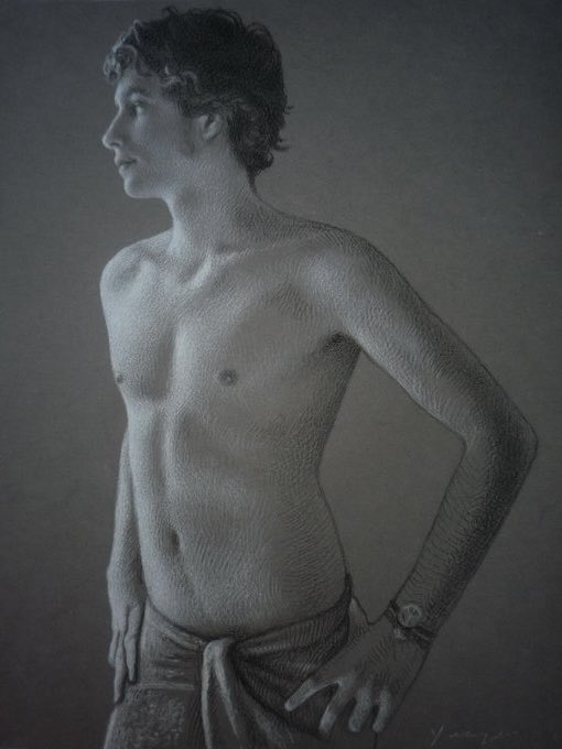 ‘Curt, Towel’ 9”x12” charcoal on colored paper 2009 #charcoal #malemodel #nycartists