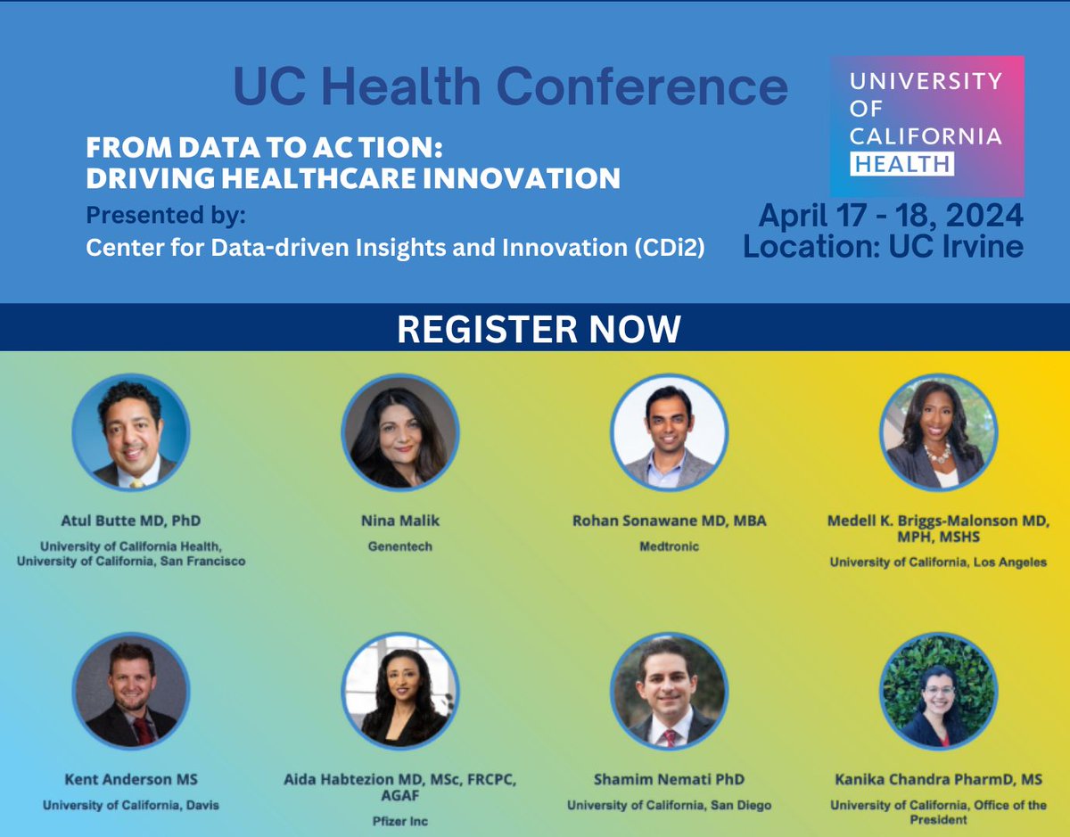Join the @UofCAHealth Center for Data Driven Insights and Innovation (CDI2) for their upcoming conference, 'From Data to Action: Driving Healthcare Innovation,' April 17 - 18 @UCIrvine  cio.ucop.edu/event-uc-healt…