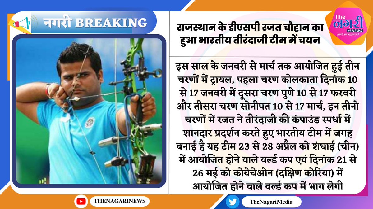 TheNagariMedia's tweet photo. राजस्थान के डीएसपी रजत चौहान  का हुआ भारतीय तीरंदाजी टीम में चयन
#TheNagariMedia https://t.co/soblPqdq71