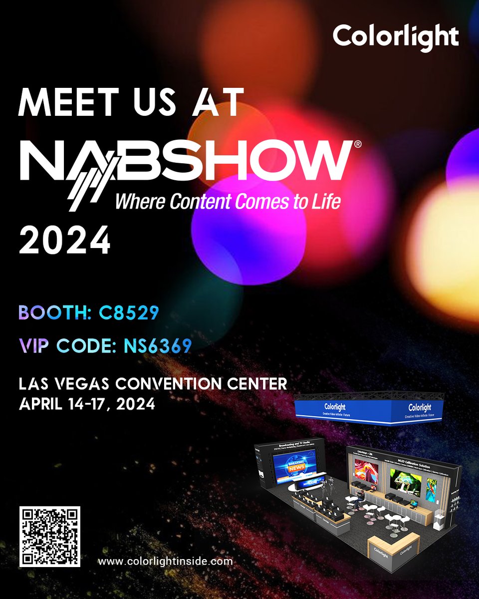 The #NABSHOW 2024 is coming up next month! We will be at Booth C8529 showcasing #Colorlight's Broadcasting and TV Studio, MLED Calibration Solution, ColorAdept+Z8t, and many more of our products. See you there!  
 
Date: 14th - 17th April, 2024
Free VIP Code: NS6369

#nabshow2024