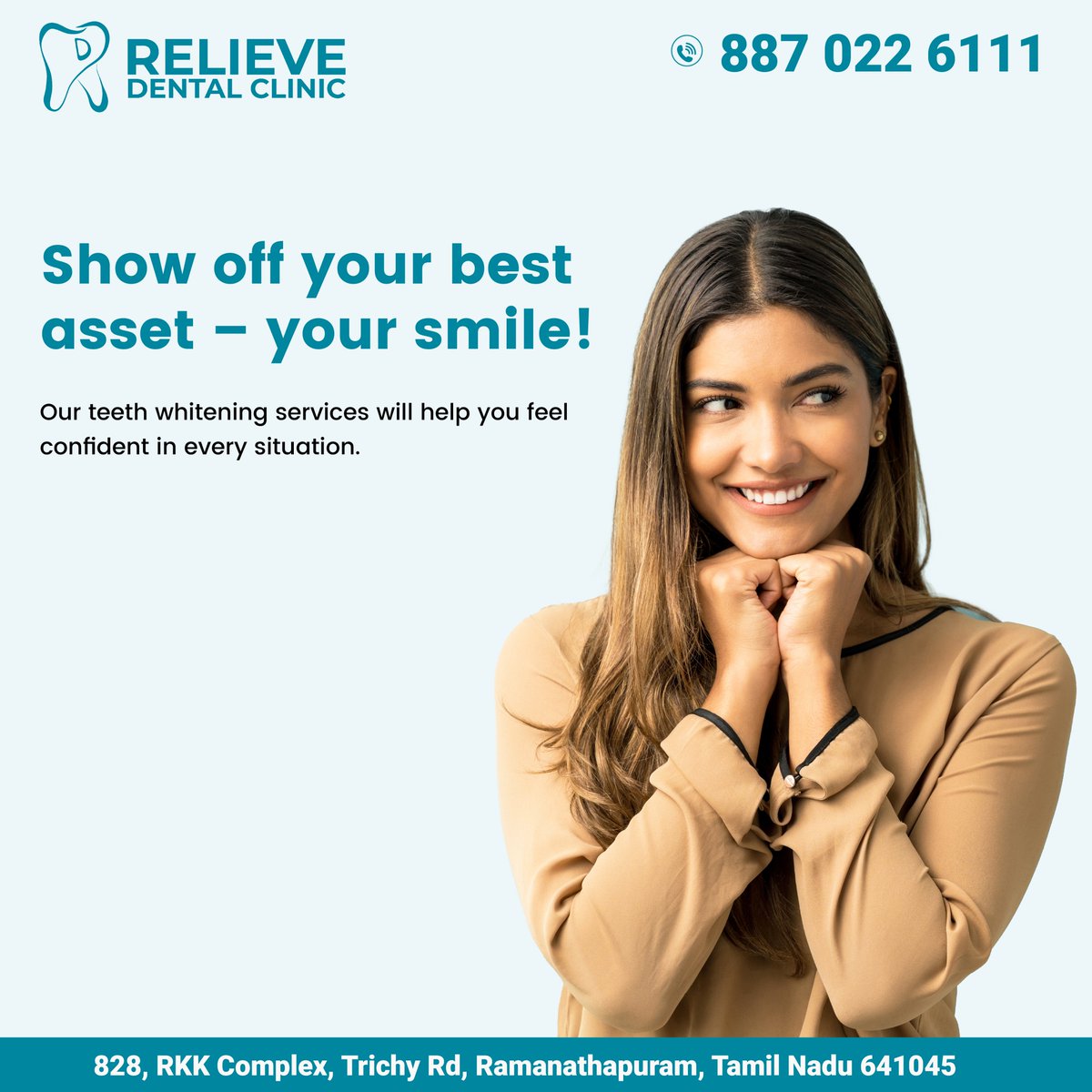 RelieveDental's tweet photo. Show off your best asset – your smile! Our teeth whitening services will help you feel confident in every situation. #TeethWhitening #BestAsset #ConfidentSmile #DentalCare #CosmeticDentistry https://t.co/cV39FstHOh