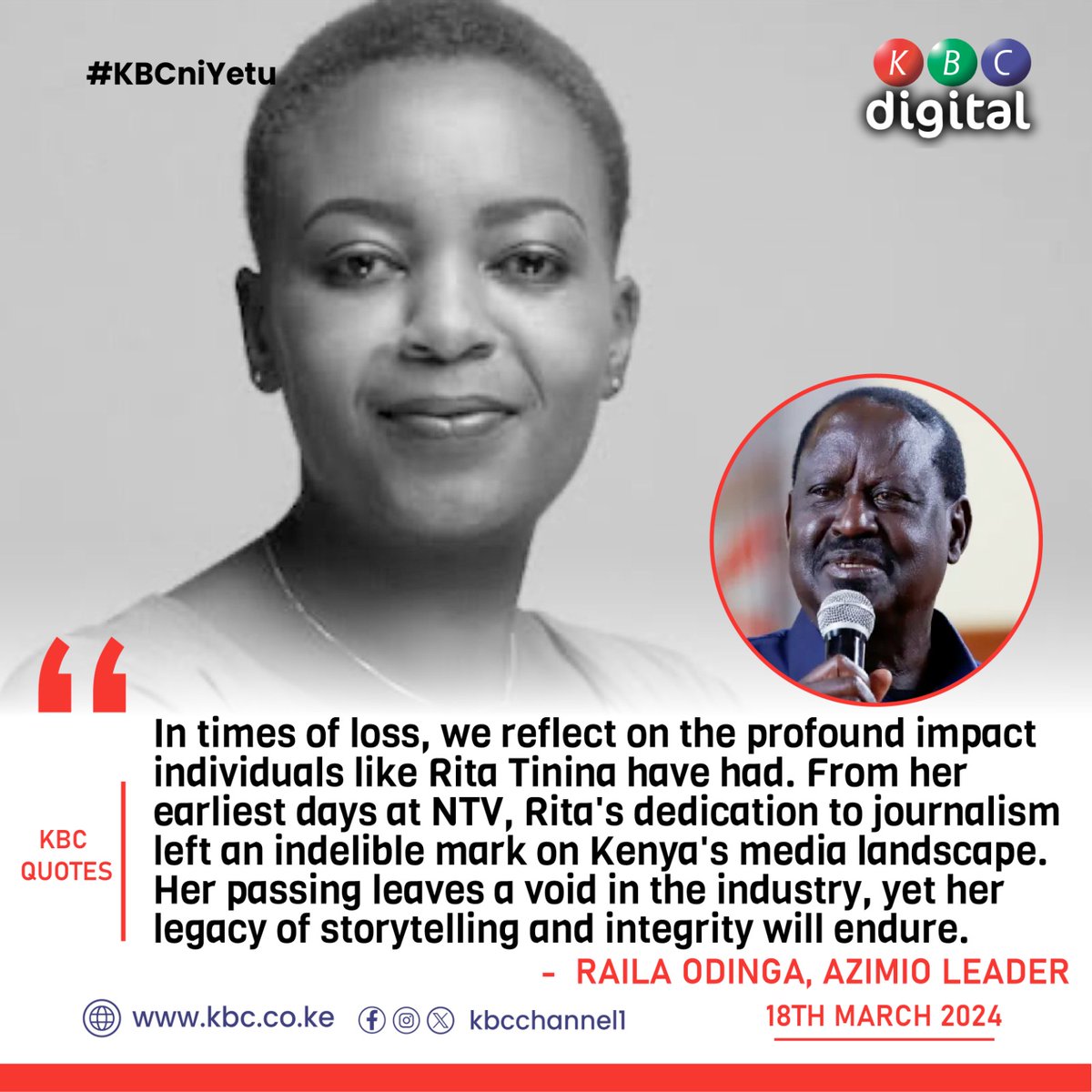 KBCChannel1's tweet image. "In times of loss, we reflect on the profound impact individuals like Rita Tinina have had. From her earliest days at NTV, Rita's dedication to journalism left an indelible mark on Kenya's media landscape."
-Raila Odinga
#KBCniYetu^EM