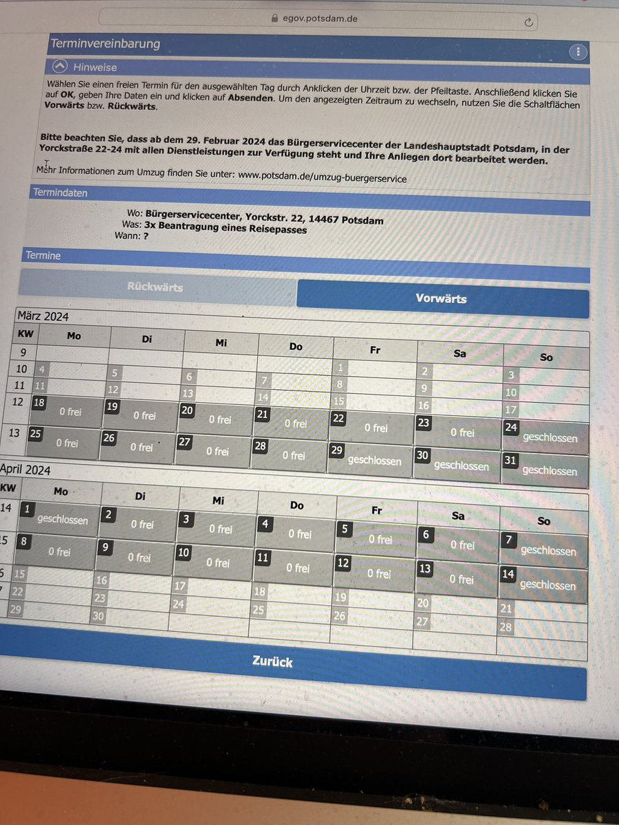 Hmm. Wie kriege ich denn nun einen Reisepass? <a href="/LH_Potsdam/">Potsdam</a> Eine Online-Terminvergabe ergibt irgendwie nur Sinn, wenn es Termine gibt, oder? Und seit Tagen steht bis Ende Juli da immer eine schöne 0.