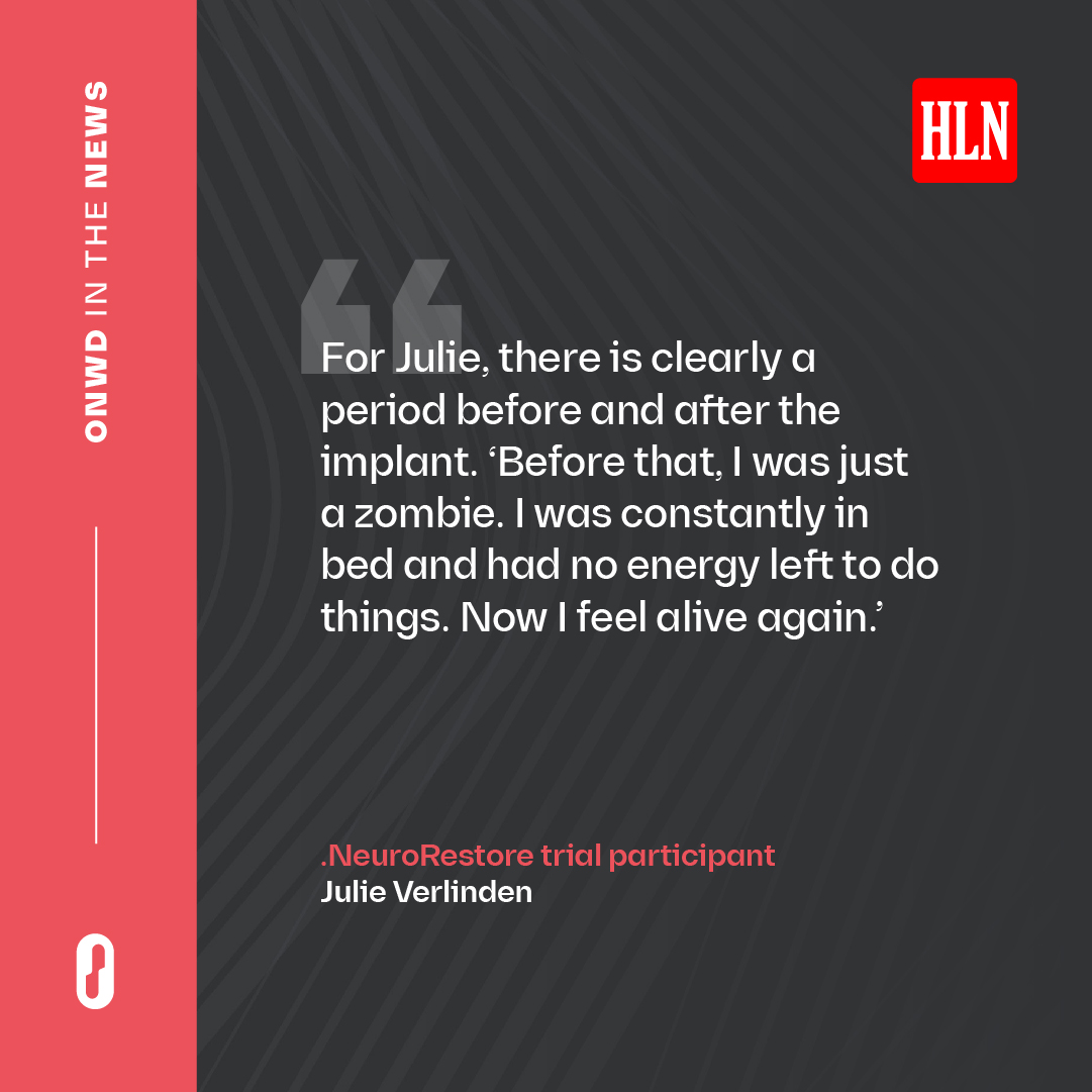 ONWARD Medical (@onwdempowered) on Twitter photo Thanks to Belgium's <a href="/HLN/">Het Laatste Nieuws</a> for a poignant story on <a href="/_NeuroRestore/">NeuroRestore.swiss</a> trial participant, Julie Verlinden.
Julie is the first woman in the world to use our investigational ARC Therapy™ to address her serious blood pressure challenges after a devastating accident left her paralyzed. Thanks to Belgium's <a href="/HLN/">Het Laatste Nieuws</a> for a poignant story on <a href="/_NeuroRestore/">NeuroRestore.swiss</a> trial participant, Julie Verlinden.
Julie is the first woman in the world to use our investigational ARC Therapy™ to address her serious blood pressure challenges after a devastating accident left her paralyzed.